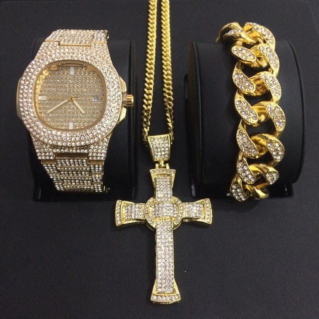 VVS Jewelry hip hop jewelry Gold Set Gold/Silver Crucifix Necklace + Bracelet + OG Bust Down Watch Set