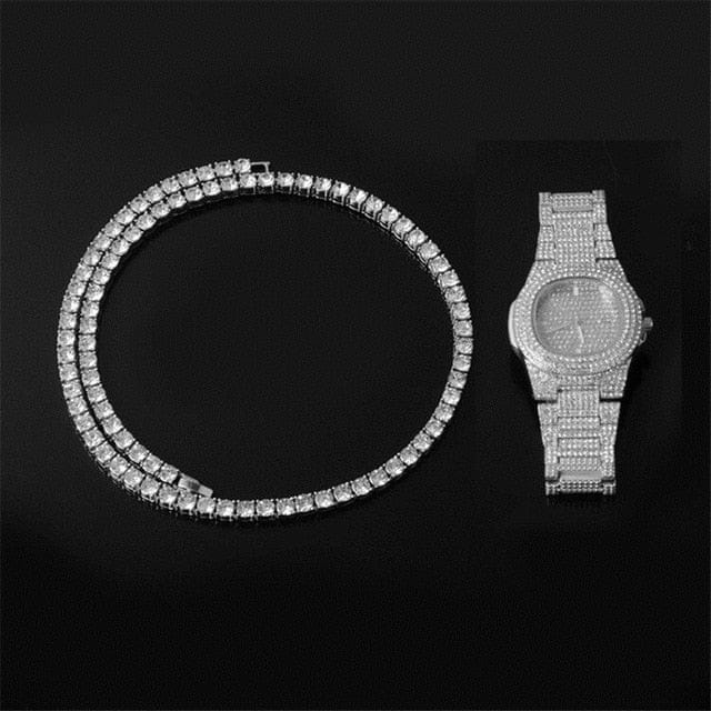 VVS Jewelry hip hop jewelry Gold/Silver 5mm Micro Pave Tennis Chain + Tennis Bracelet + FREE Watch Bundle