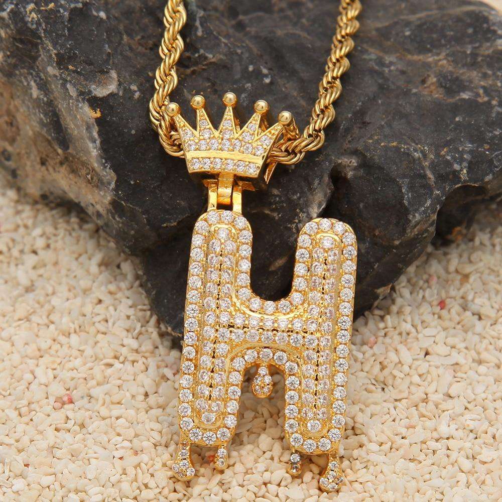 VVS Jewelry hip hop jewelry Gold/Silver Crown Ice Drip Bubble Initial Letter Pendant Necklace