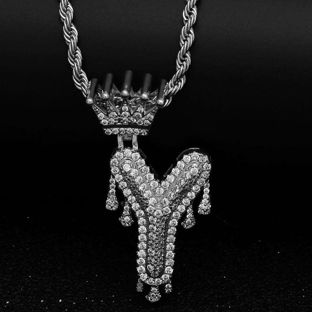 VVS Jewelry hip hop jewelry Gold/Silver Crown Ice Drip Bubble Initial Letter Pendant Necklace