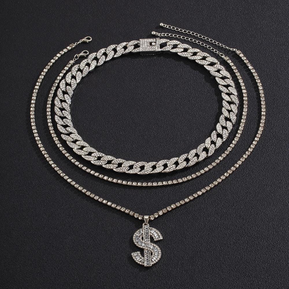 VVS Jewelry hip hop jewelry Gold/Silver Cuban Tennis Dollar Sign Choker Bundle