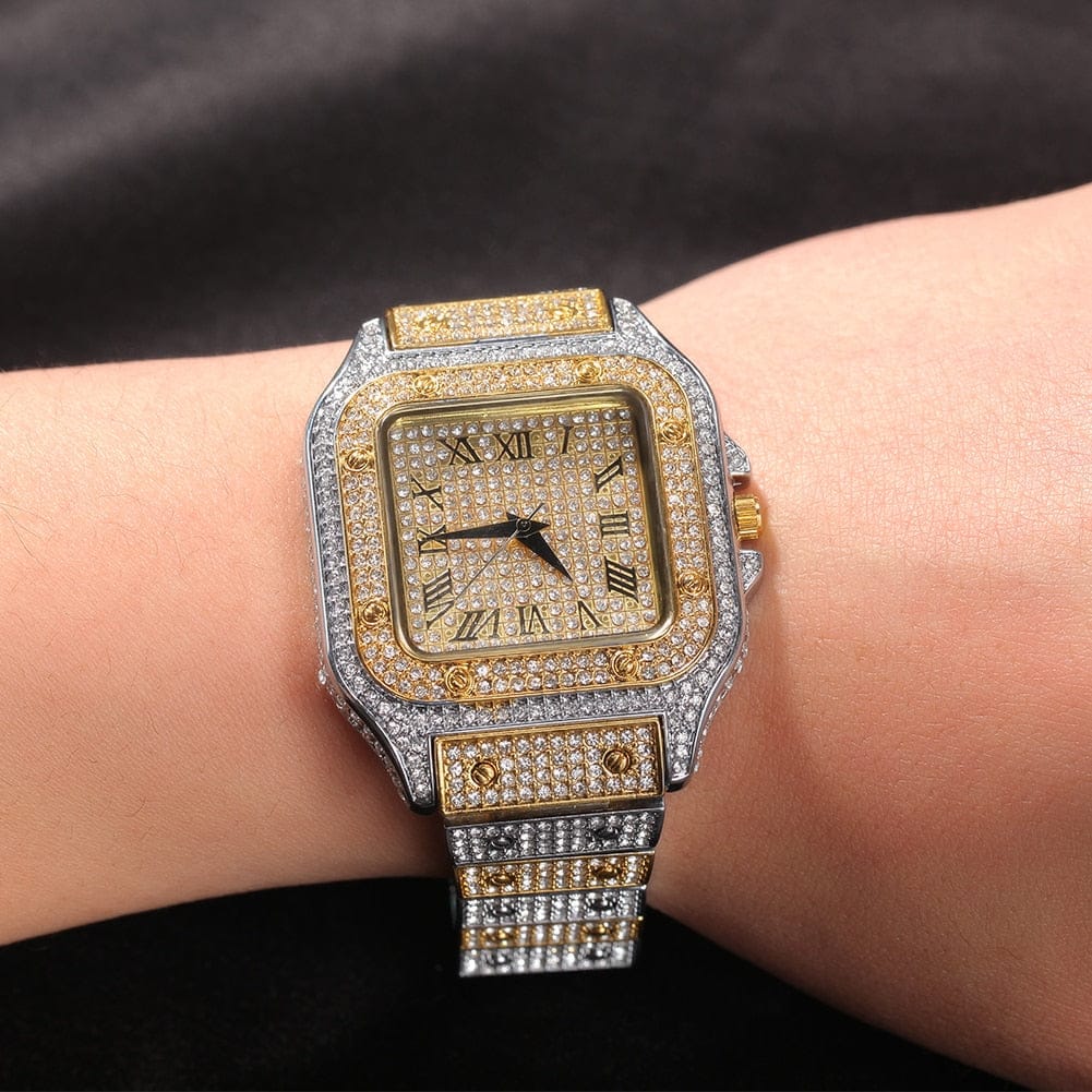 VVS Jewelry hip hop jewelry Gold Silver Fully Iced Square Stainless Steel Roman Watch