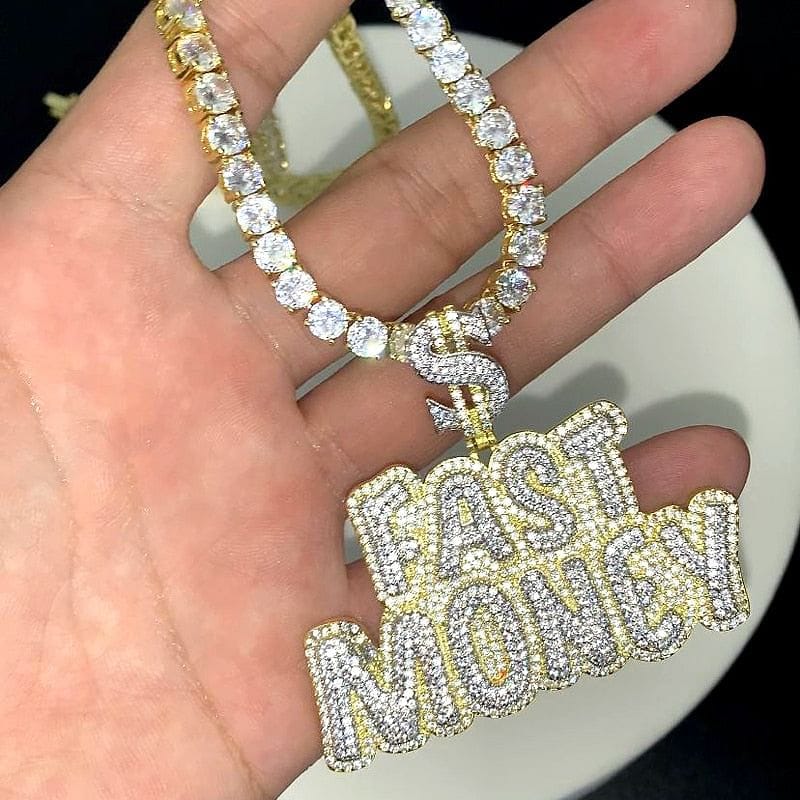 VVS Jewelry hip hop jewelry Gold / Tennis Chain 18 Inch VVS Jewelry "$ Fast Money" Pendant Chain