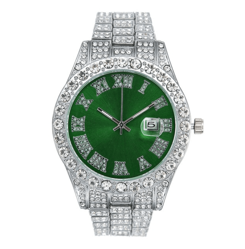 VVS Jewelry hip hop jewelry Green Fully Iced Out Silver Colored Dial Men's Classic Watch