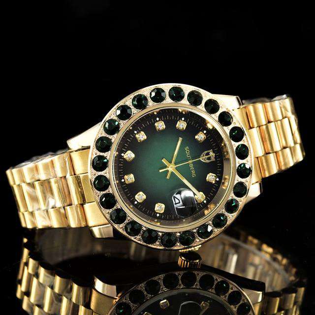 VVS Jewelry hip hop jewelry Green Gold Rollie Style Watch in Rotatable Bezel Sapphire Glass