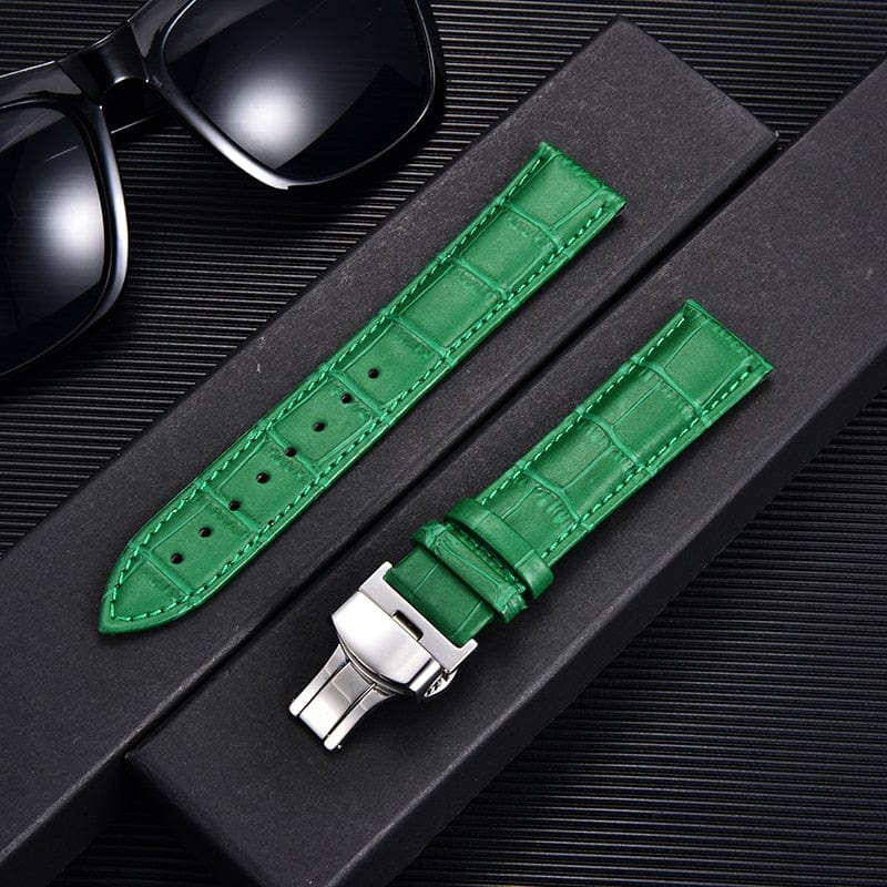 VVS Jewelry hip hop jewelry Green-silver / 18mm Bamboo Pattern Leather Watch Strap