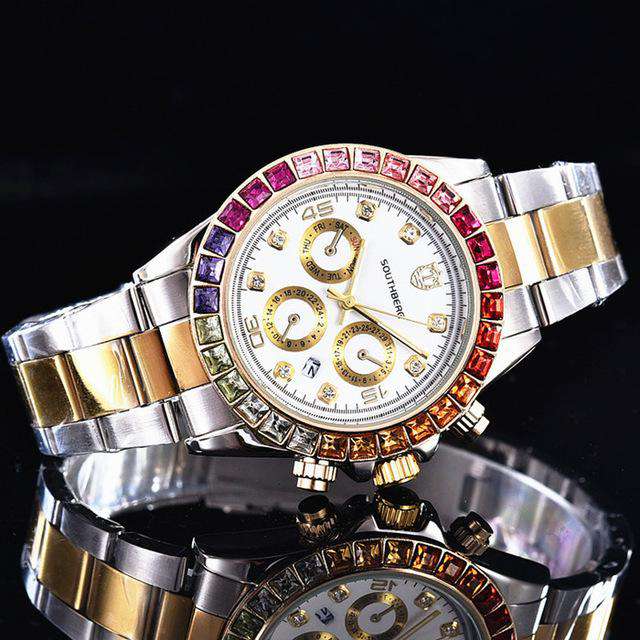 VVS Jewelry hip hop jewelry Ivory Luxury Quartz Rollie Style Watch with Color Rhinestone