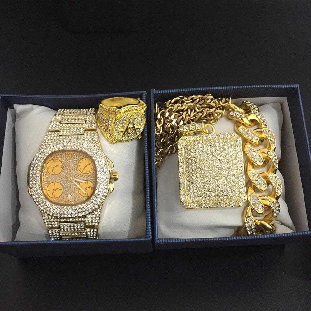 VVS Jewelry hip hop jewelry Luxury Cuban Chain + Bracelet + Ring + Watch Set
