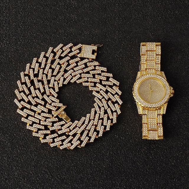 VVS Jewelry hip hop jewelry Miami Micro Pave Cuban Chain + Bracelet + Watch Set