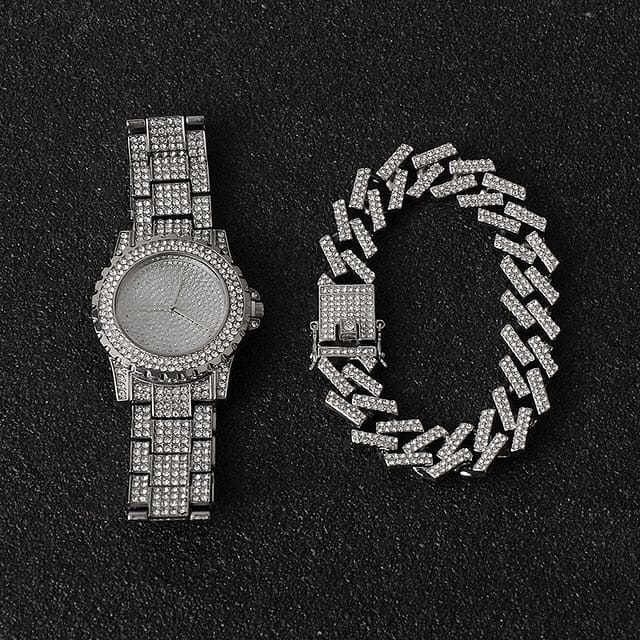 VVS Jewelry hip hop jewelry Miami Micro Pave Cuban Chain + Bracelet + Watch Set