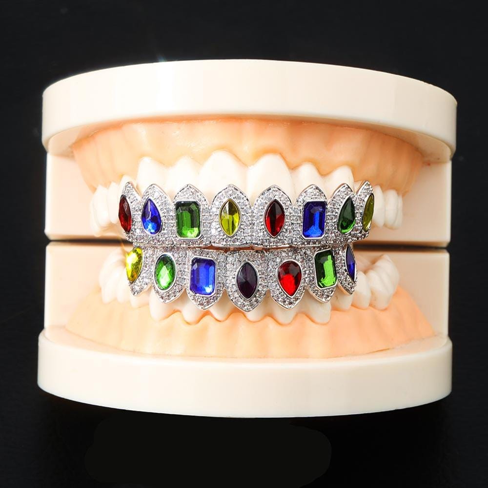 VVS Jewelry hip hop jewelry Multi Colored Stone Paved Iced Out Fangs Grillz
