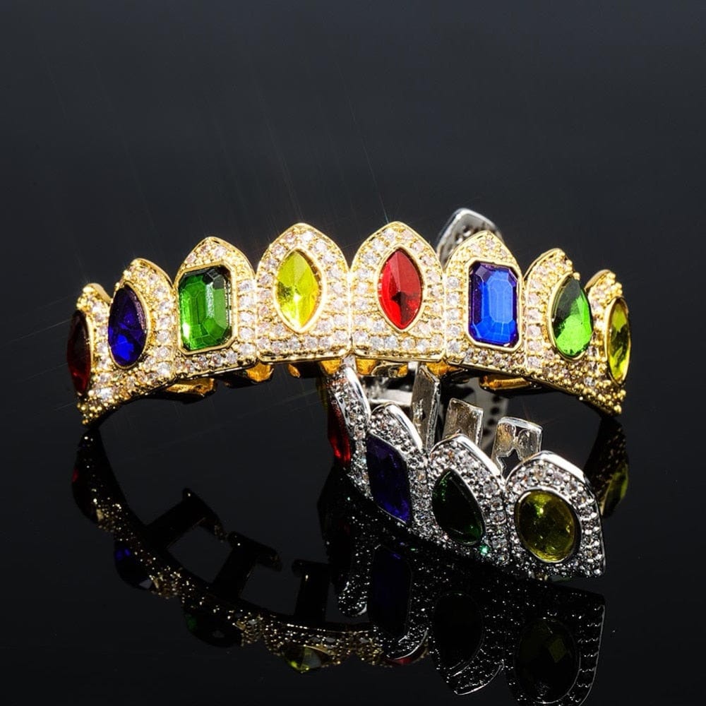 VVS Jewelry hip hop jewelry Multi Colored Stone Paved Iced Out Fangs Grillz