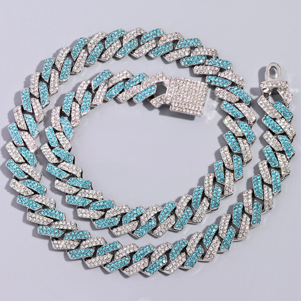 VVS Jewelry hip hop jewelry necklaces Blue / 16inch Necklace Iced Out Two-Tone Crystal Cuban Link Chain Necklace