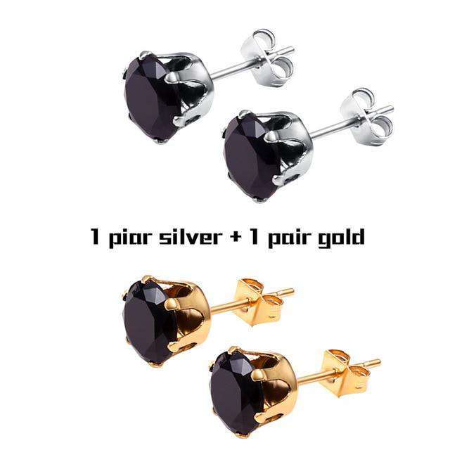 VVS Jewelry hip hop jewelry Pair Silver and Gold 2 Small Iced Crystal Stainless Steel Stud Earrings