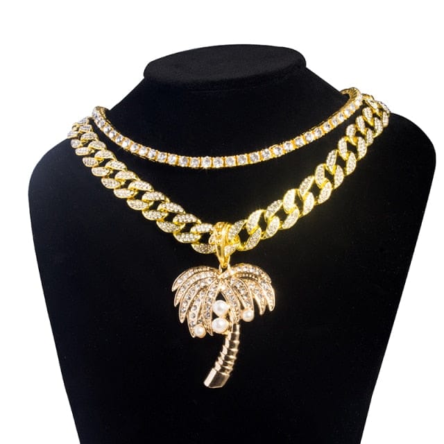 VVS Jewelry hip hop jewelry Palm Tree Iced Pendant Cuban + Tennis Chain Bundle