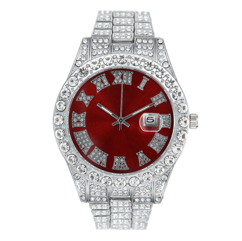 VVS Jewelry hip hop jewelry Red Fully Iced Out Silver Colored Dial Men's Classic Watch