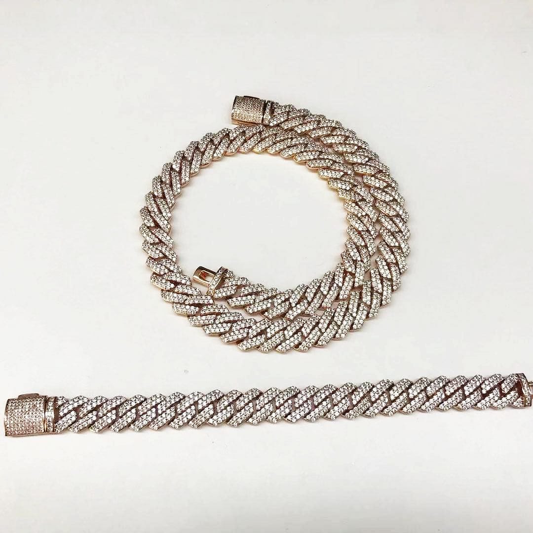 VVS Jewelry hip hop jewelry Rose Gold / 16" / 14mm VVS Jewelry 18k Gold/Silver Prong Miami Cuban Chain + FREE Cuban Bracelet (Today Only)
