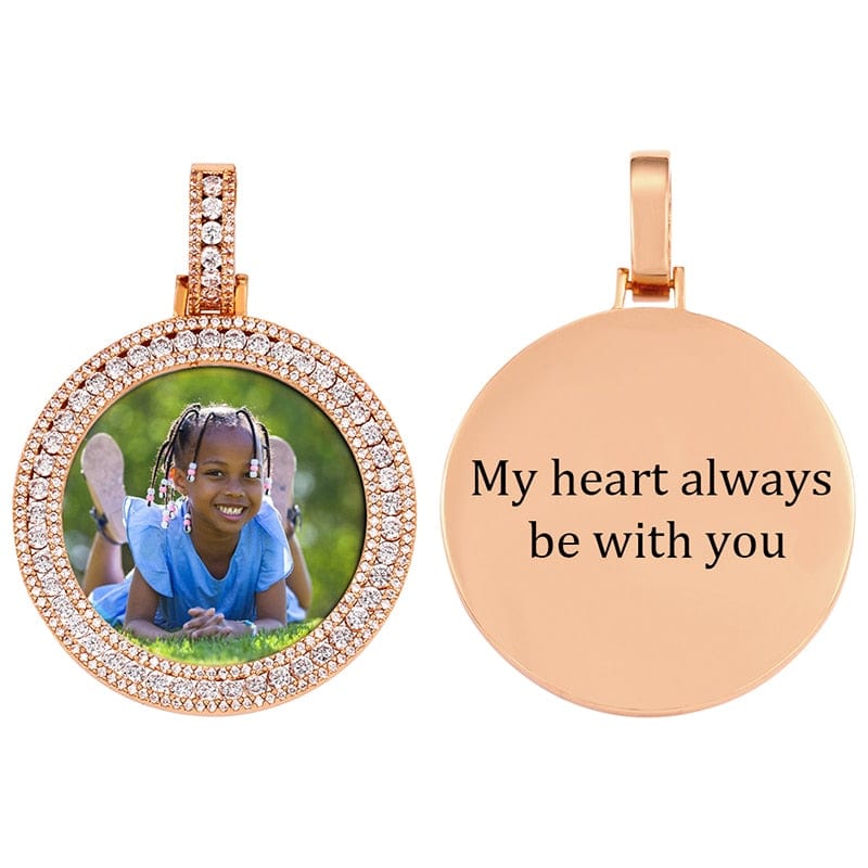 VVS Jewelry hip hop jewelry Rose gold -Engraved / Cuban Chain / 18 Inch Custom Round Stone Photo Pendant + FREE backside engraving