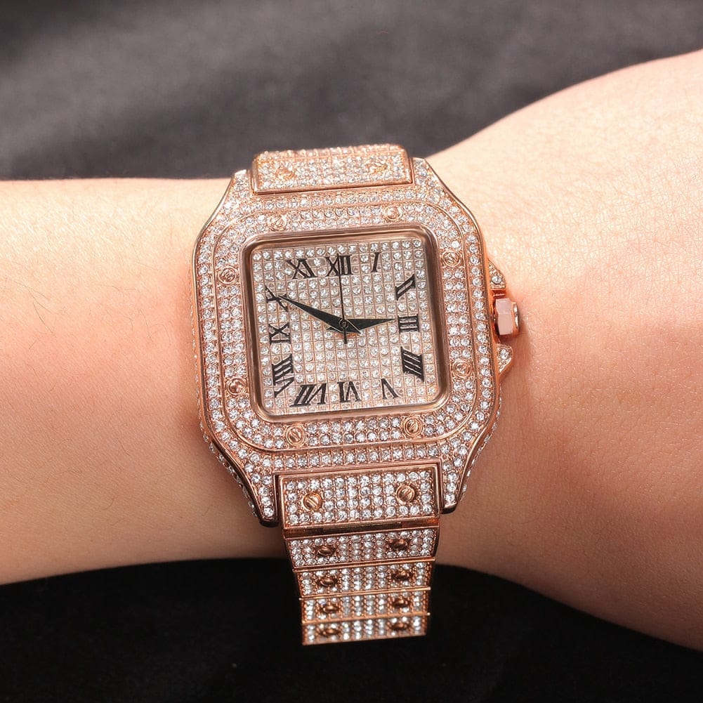 VVS Jewelry hip hop jewelry Rose Gold Fully Iced Square Stainless Steel Roman Watch