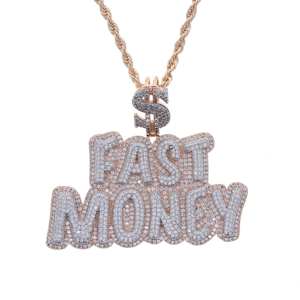 VVS Jewelry hip hop jewelry Rose Gold / Rope Chain 18 Inch VVS Jewelry "$ Fast Money" Pendant Chain