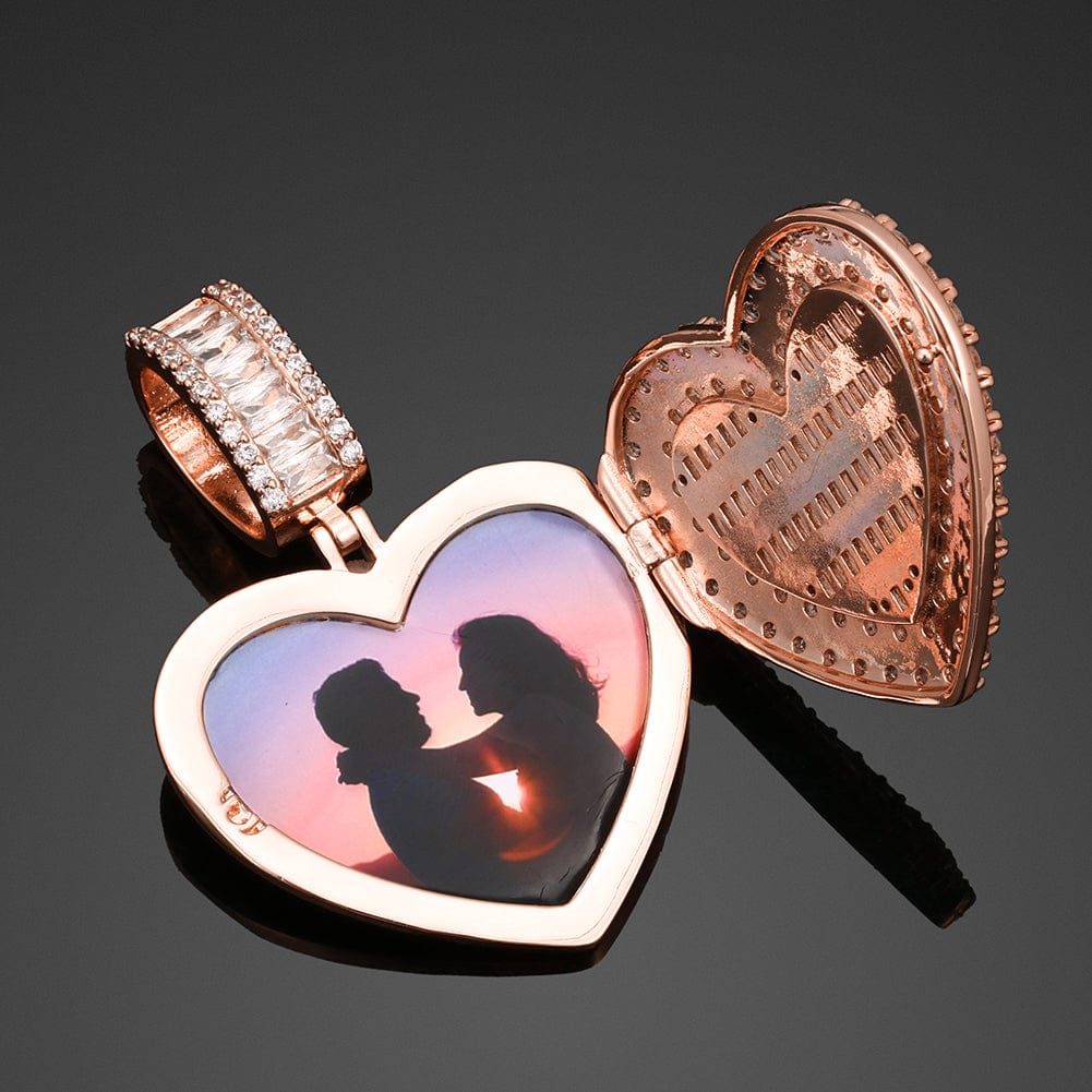 VVS Jewelry hip hop jewelry Rose Gold / Rope Chain / 18inch Fully Iced Custom Heart Baguette Picture Pendant