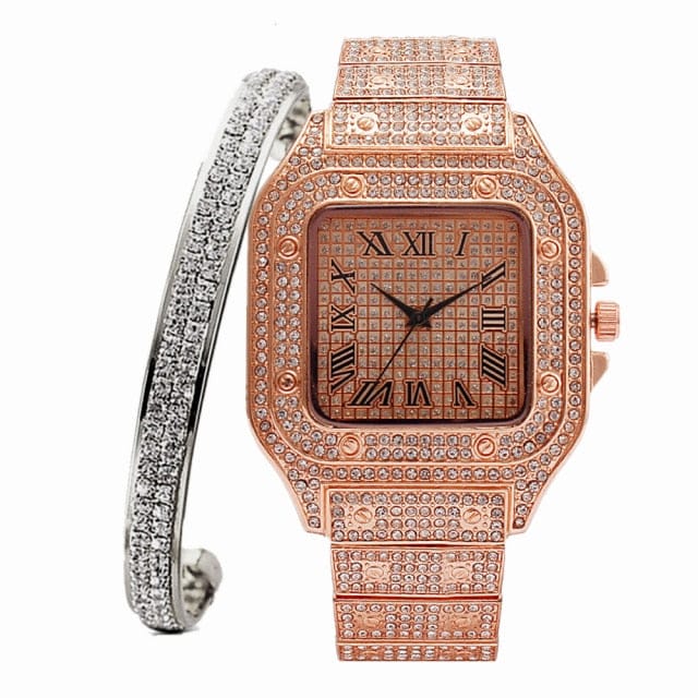VVS Jewelry hip hop jewelry Rose with Silver Fully Iced Roman Square Bezel Watch + FREE Iced Bangle