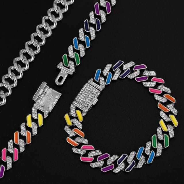 VVS Jewelry hip hop jewelry Silver / 16 Inch VVS Jewelry Rainbow Cuban Chain + FREE Bracelet Bundle