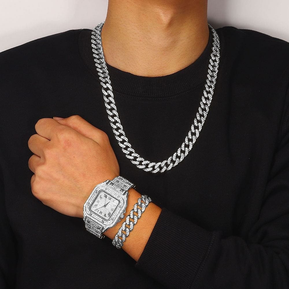 VVS Jewelry hip hop jewelry Silver / 18 Inch Iced out Cuban Chain & Cuban Bracelet Bundle + FREE Square Roman Watch