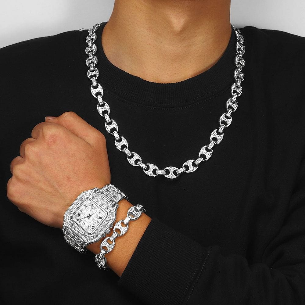 VVS Jewelry hip hop jewelry Silver / 18 Inch VVS Jewelry Coffee Bean Chain and Bracelet Bundle + FREE Square Roman Watch