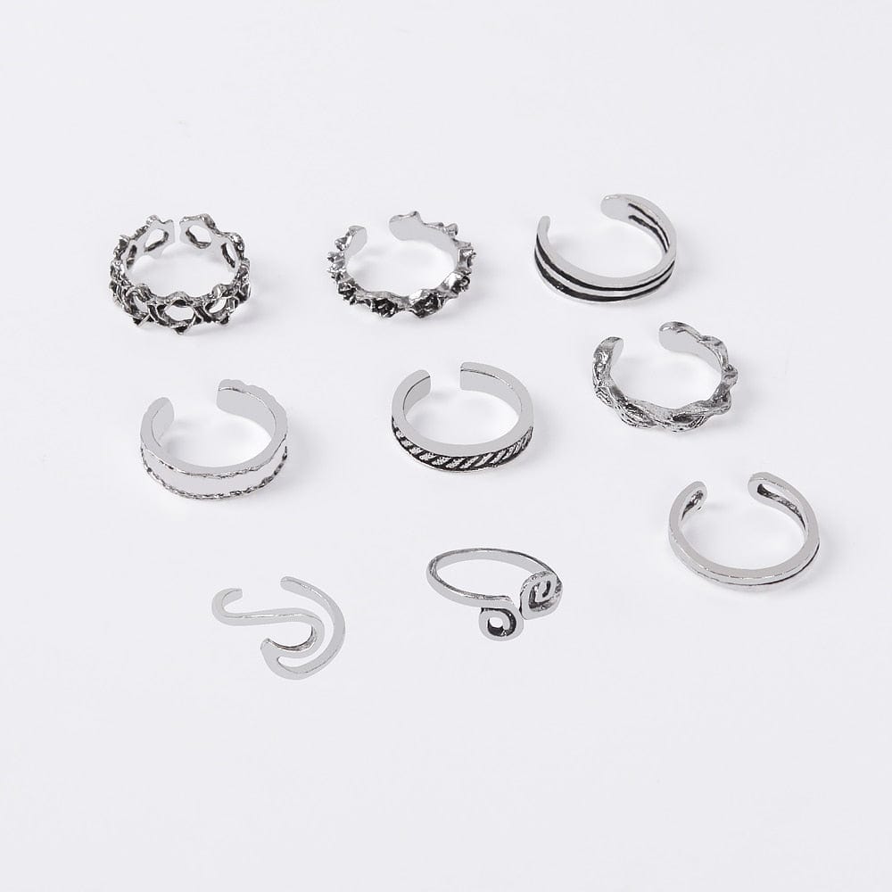 VVS Jewelry hip hop jewelry Silver 2 7pcs Vintage Hallow Star and Moon Toe Rings Set