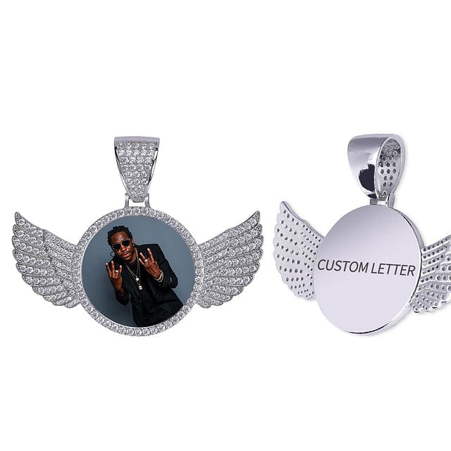 VVS Jewelry hip hop jewelry Silver / 24 inch Rope chain / Circle With Wings Iced Engraved Custom Circle Photo Pendant