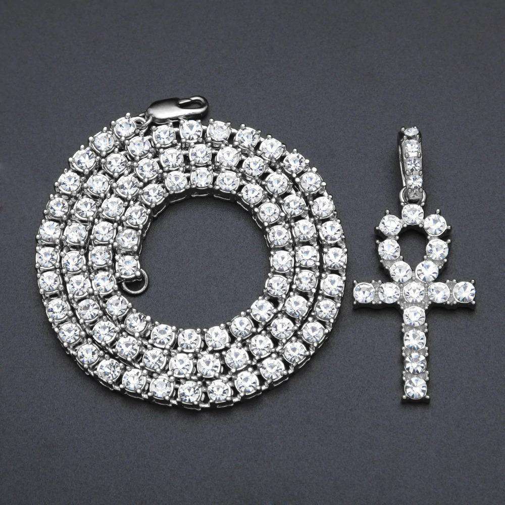 VVS Jewelry hip hop jewelry Silver / 30" Tennis Chain + Ankh Pendant Set