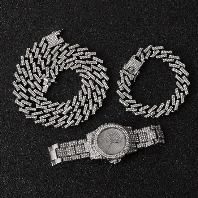 VVS Jewelry hip hop jewelry Silver 3pc set Miami Micro Pave Cuban Chain + Bracelet + Watch Set