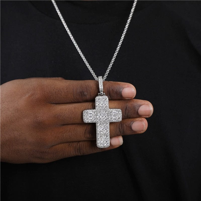 VVS Jewelry hip hop jewelry Silver / 4mm Rope Chain / 24 Inch VVS Jewelry Fully Iced Ascher Cut Cross Pendant