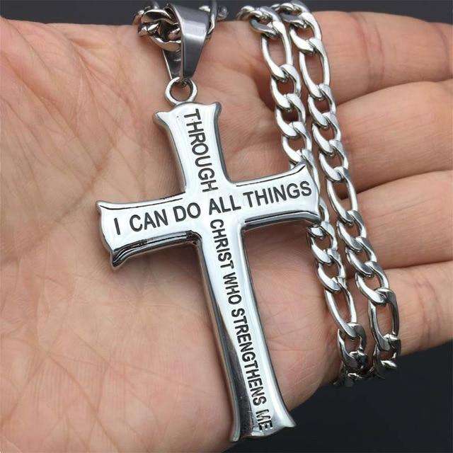 VVS Jewelry hip hop jewelry Silver / 60cm Men's Gold/Silver Stainless Steel Cross Jesus Piece Necklace Bible Verse With Curb Chain