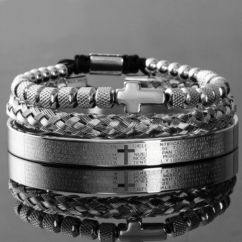 VVS Jewelry hip hop jewelry Silver Cross 3pc Bracelet Set