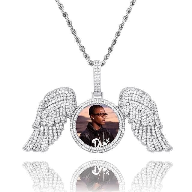 VVS Jewelry hip hop jewelry Silver / Cuban Chain / 18inch Fully Iced Angel Wings Custom Photo Chain