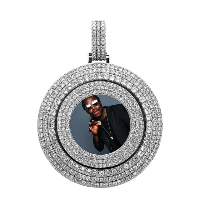 VVS Jewelry hip hop jewelry Silver / Cuban Chain / 20 inch VVS Jewelry Custom Large Spinning Photo Pendant + Chain