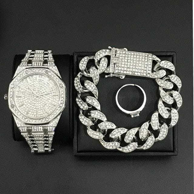 VVS Jewelry hip hop jewelry Silver Cuban Set Hype Series Set (Watch, Bracelet & Ring)