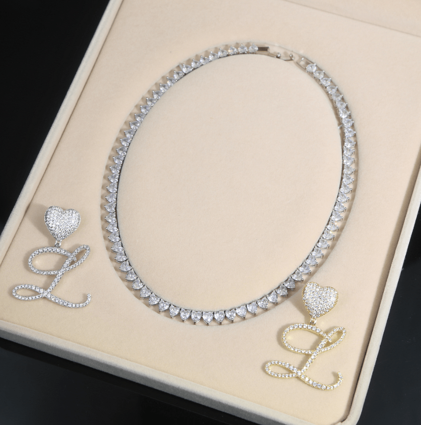 VVS Jewelry hip hop jewelry Silver / E VVS Jewelry Iced Cursive Heart Initial Pendant Tennis Necklace
