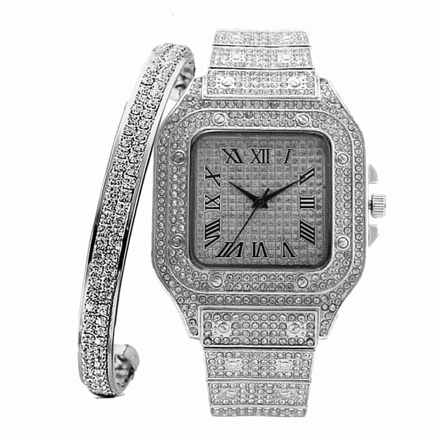 VVS Jewelry hip hop jewelry Silver Fully Iced Roman Square Bezel Watch + FREE Iced Bangle