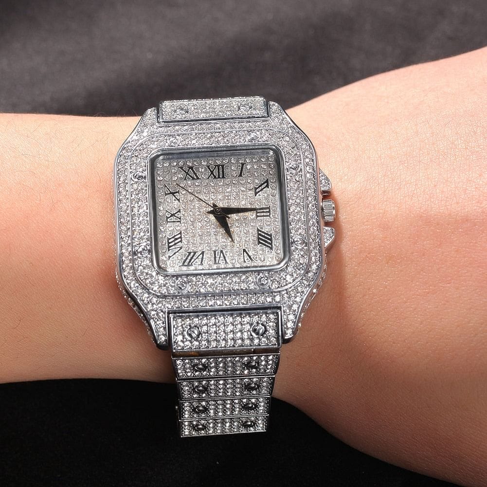VVS Jewelry hip hop jewelry Silver Fully Iced Square Stainless Steel Roman Watch