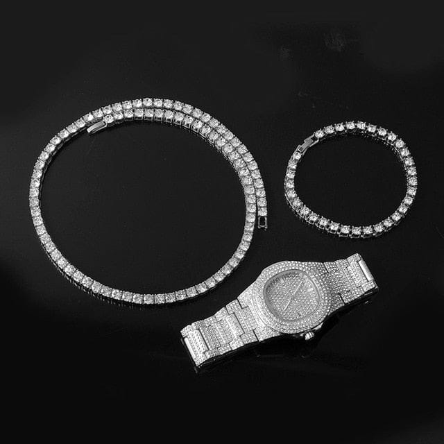 VVS Jewelry hip hop jewelry Silver Gold/Silver 5mm Micro Pave Tennis Chain + Tennis Bracelet + FREE Watch Bundle