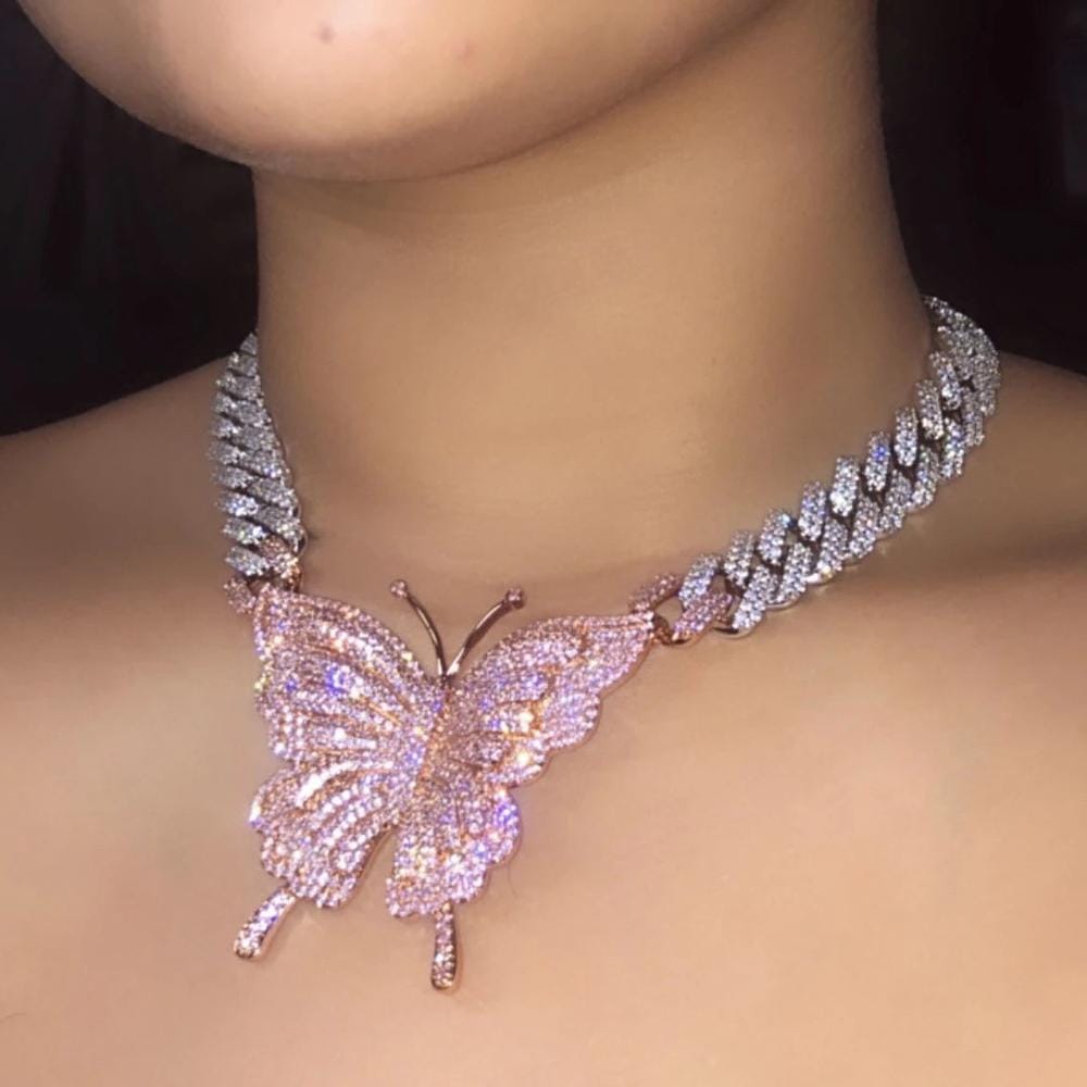 VVS Jewelry hip hop jewelry silver pink / 16" VVS Jewelry Pink Silver Butterfly Miami Cuban Choker