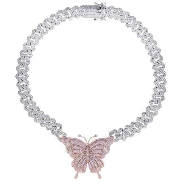 VVS Jewelry hip hop jewelry silver pink / 18" VVS Jewelry Pink Silver Butterfly Miami Cuban Choker