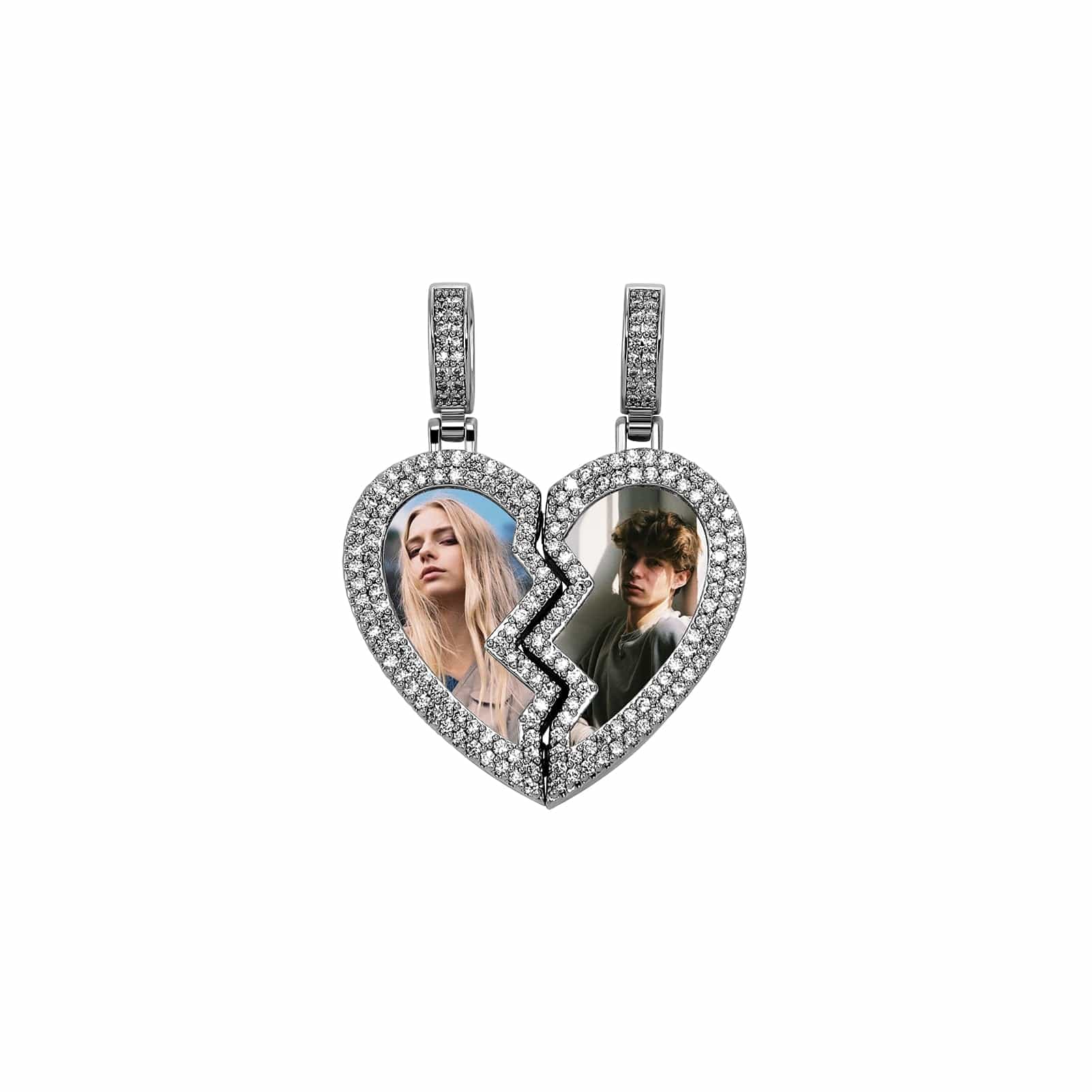 VVS Jewelry hip hop jewelry Silver / Rope Chain / 18inch Couple Custom Heart Photo Pendant