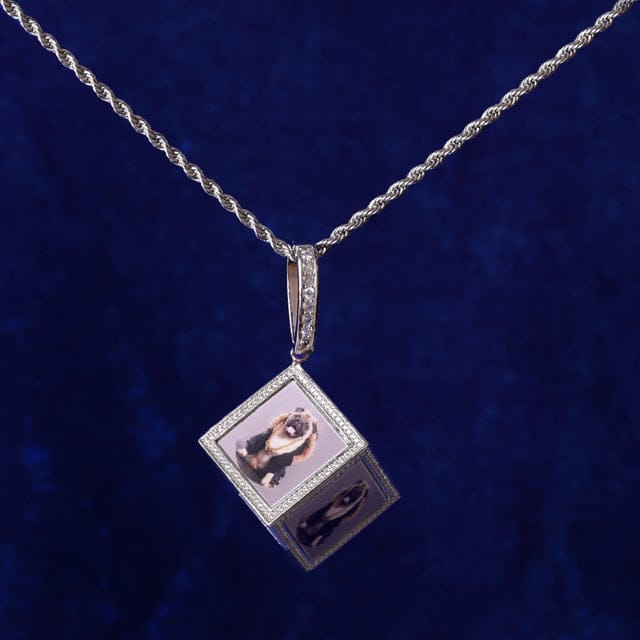 VVS Jewelry hip hop jewelry Silver / Rope Chain / 18inch Custom Iced Out 3D Dice Photo Pendant