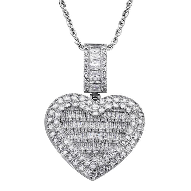 VVS Jewelry hip hop jewelry Silver / rope chain / 18inch VVS Jewelry Custom Heart Locket Photo Chain