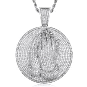 VVS Jewelry hip hop jewelry Silver / Rope Chain / 18inch VVS Jewelry Micro Pave Circle Praying Hands
