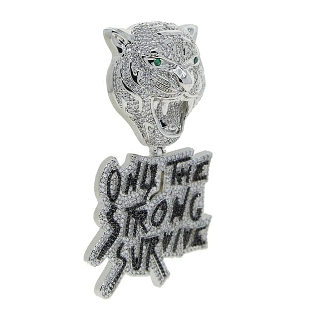 VVS Jewelry hip hop jewelry Silver / Rope Chain 24 Inch Iced Out Tiger "Only The Strong Survive" Pendant Chain